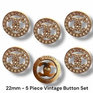 Set of 5 Vintage Stamped Designer Luxury Buttons Gold & White Rhinestone - 22mm